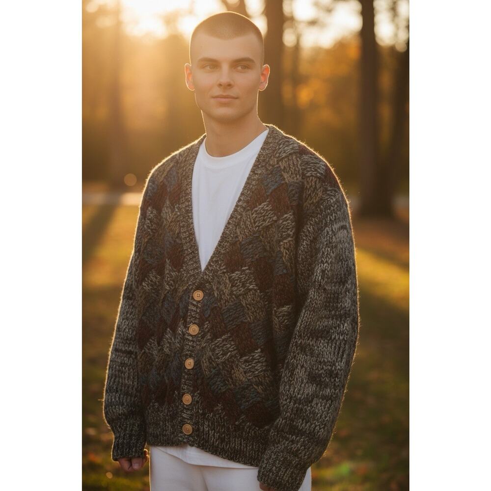 Vtg Chunky Knit Cardigan 90s Sz L Sweater Grunge Biggie Cosby Grandpa Oversized